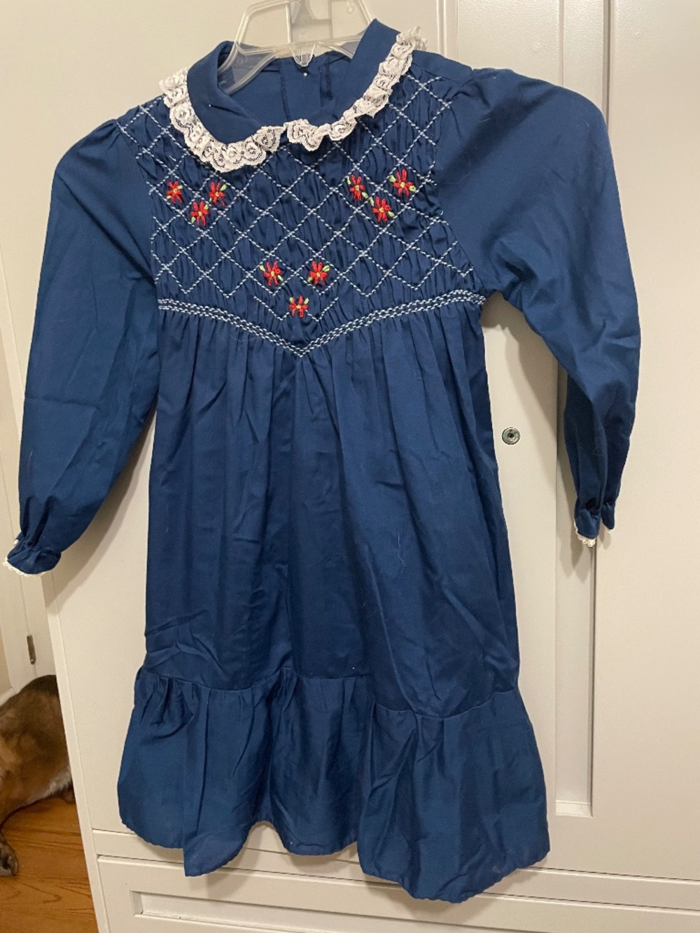 Vintage Hand Smocked Girls Dress with white lace trim